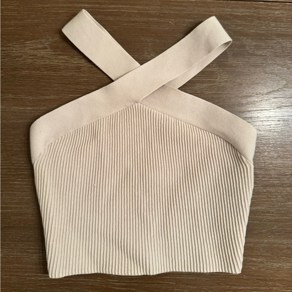 Babaton Beige Ribbed Cross-Front Halter Top - Picture 4 of 4